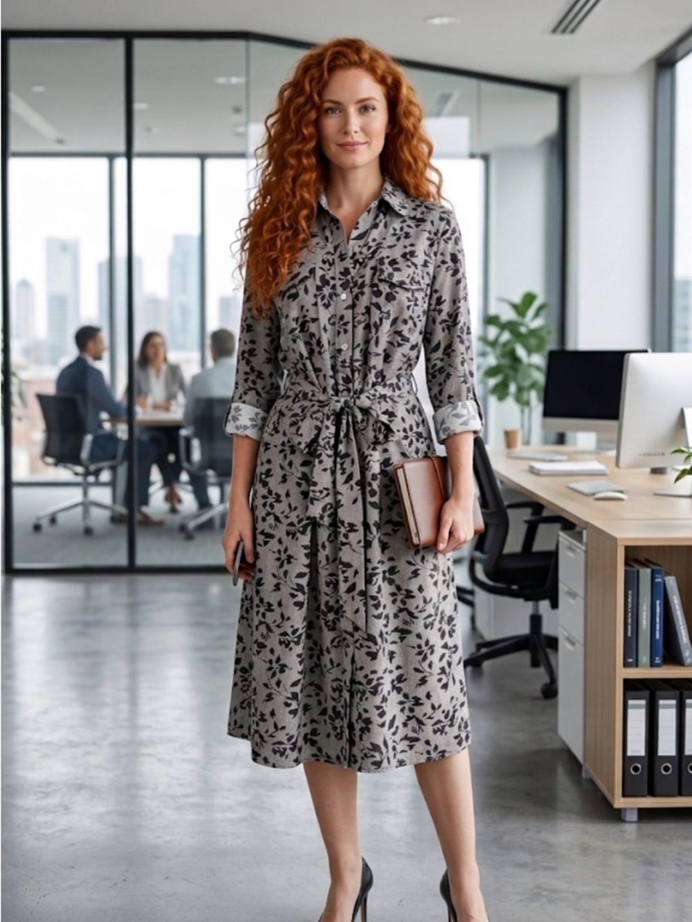 NY Collection Gray and Black Floral Midi Shirt Dress - Picture 3 of 11